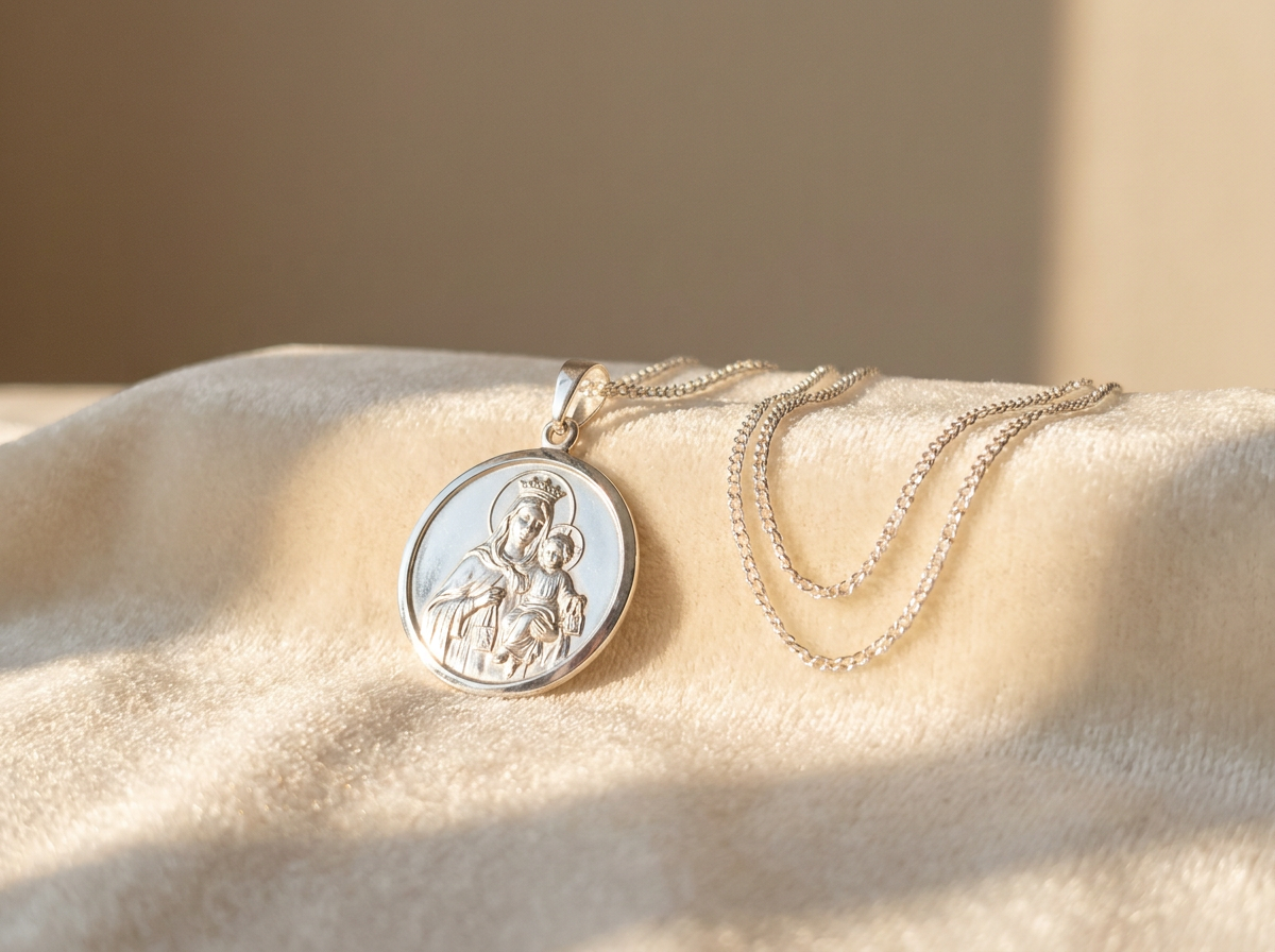 Medalla de la Virgen del Carmen en plata de ley sobre fondo de terciopelo