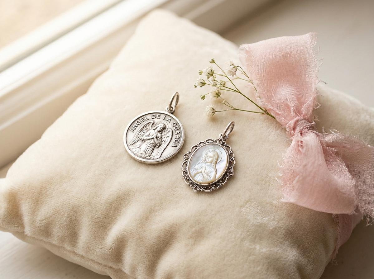 Medalla de cuna Ángel de la Guarda y medalla Virgen Niña de nácar en plata, regalo de bautizo y nacimiento Doña Sol