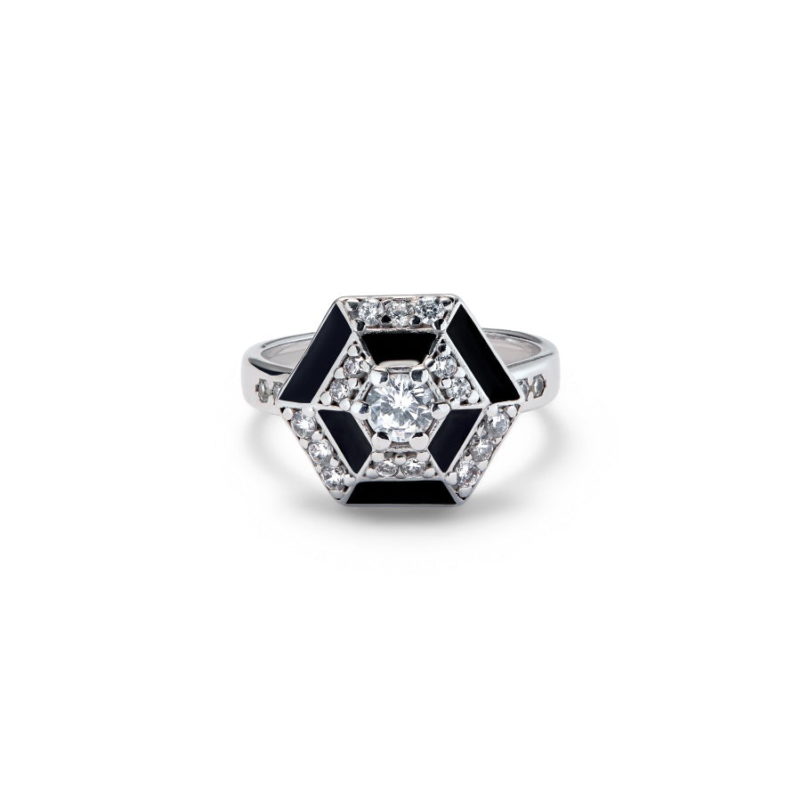 Anillo René, sortija de plata de ley con diseño hexagonal y circonitas de Doña Sol