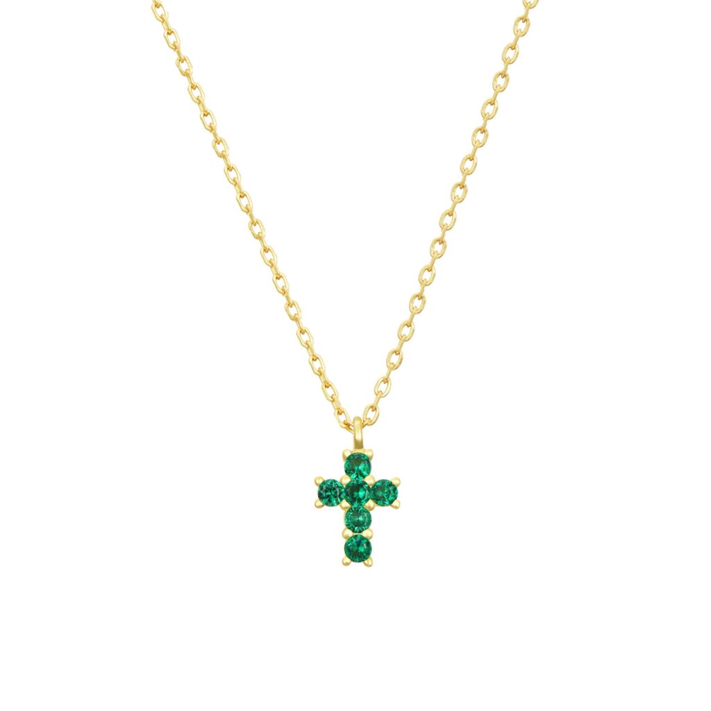 Colgante de cruz mini en plata con circonitas verde esmeralda, Doña Sol
