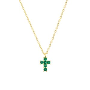 Colgante de cruz mini en plata con circonitas verde esmeralda, Doña Sol