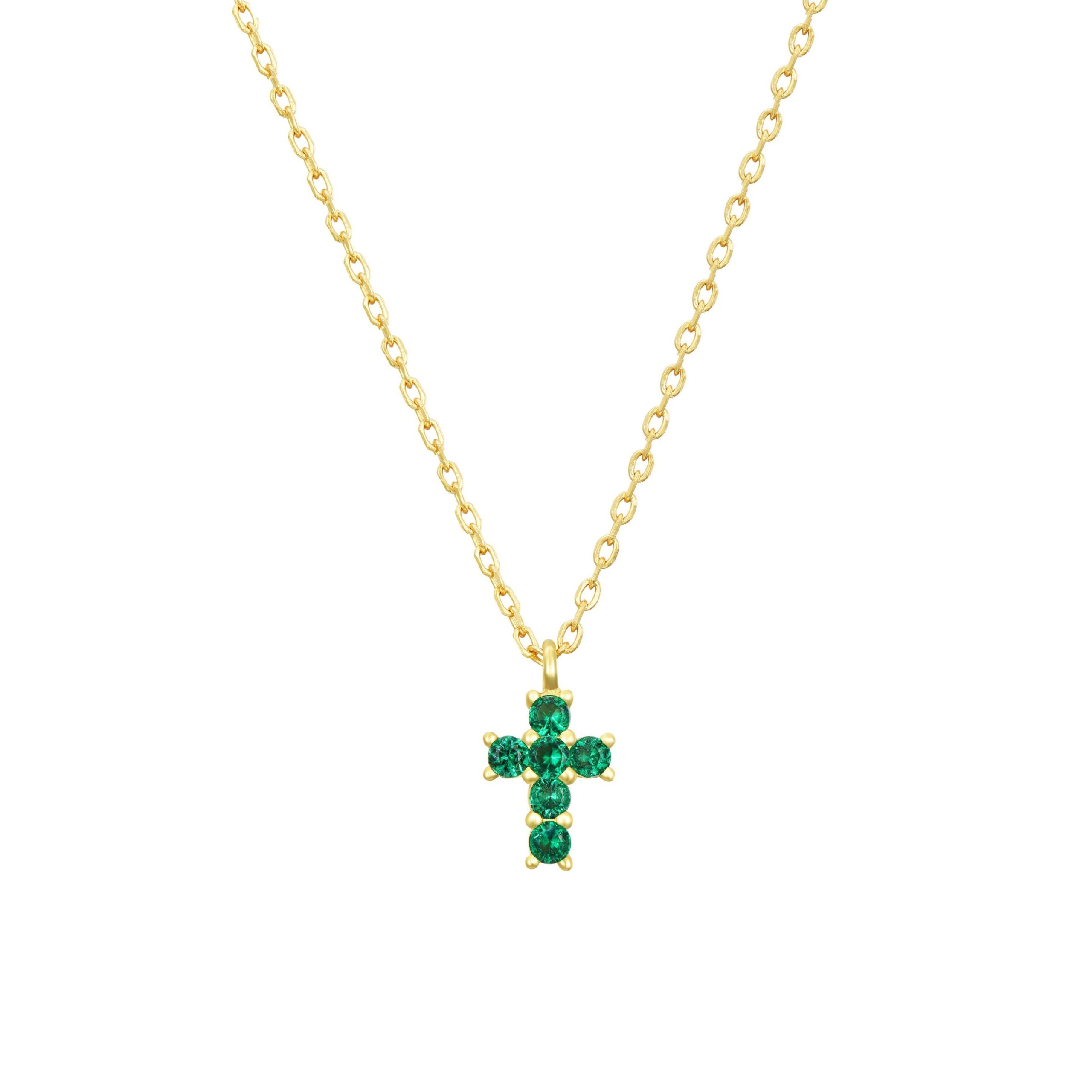 Colgante de cruz mini en plata con circonitas verde esmeralda, Doña Sol
